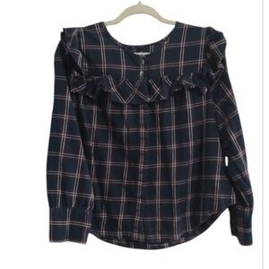Madewell Navy Plaid Ruffle Blouse Size L